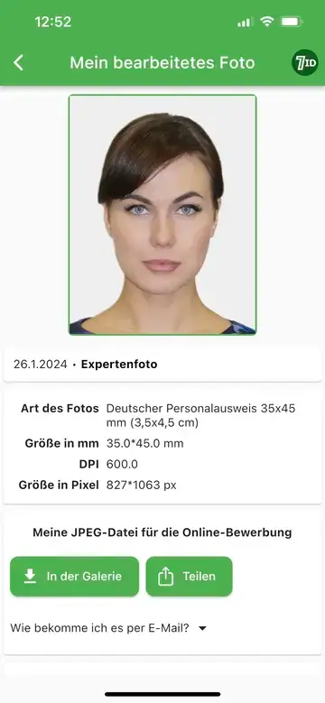 Aplicativo 7ID: exemplo de foto de passaporte alemão