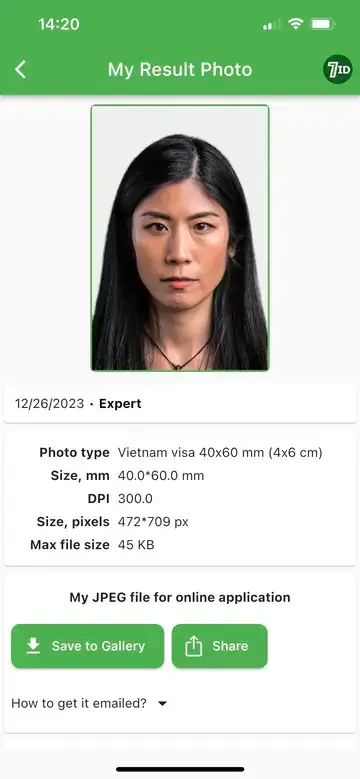 7ID: Exemplu de fotografie pentru viză pentru Vietnam